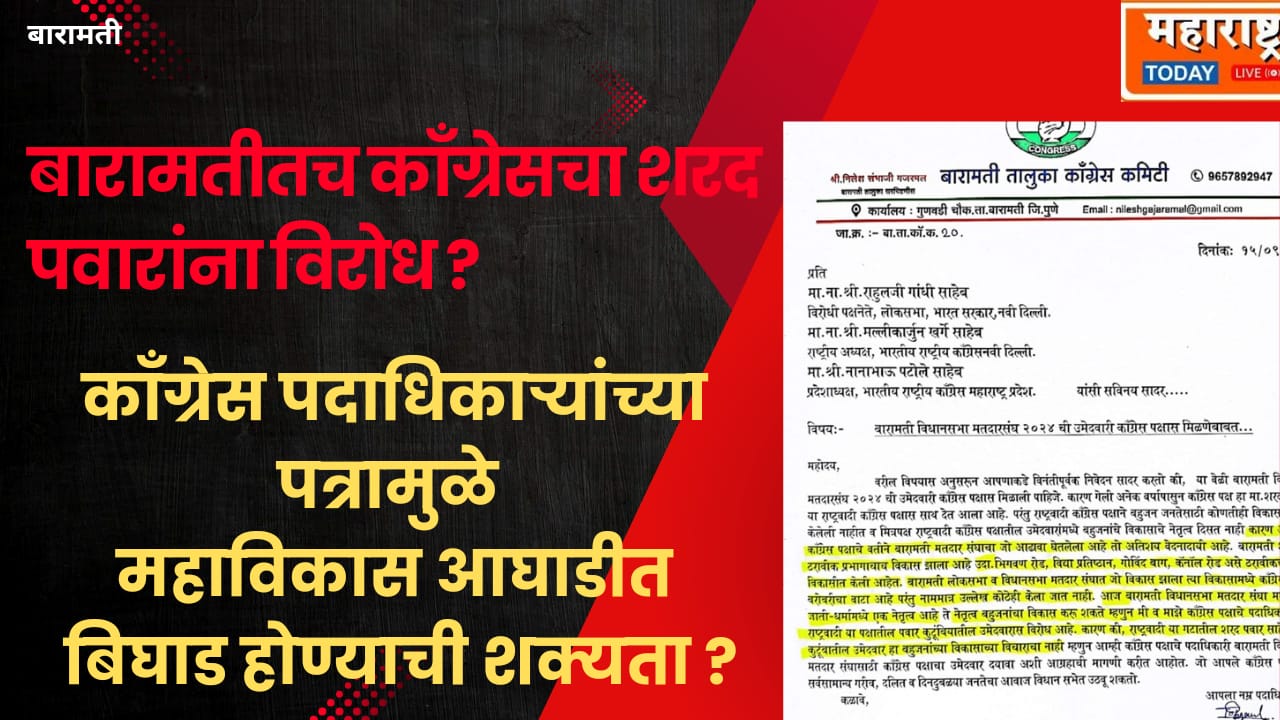 BARAMATI BIG NEWS : बारामतीतच काँग्रेसचा शरद पवारांना विरोध ? काँग्रेस पदाधिकाऱ्यांच्या पत्रामुळे महाविकास आघाडीत बिघाडी होण्याची शक्यता ?